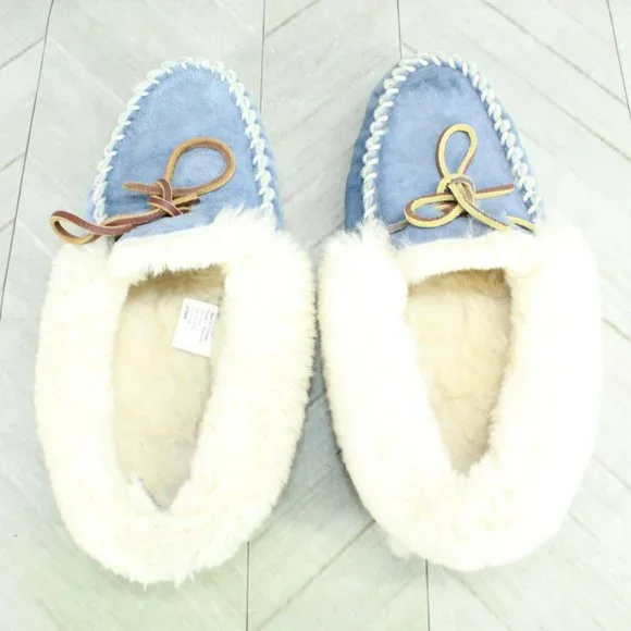 LL Bean Blue Suede Wicked Good Shearling Lined Moccasin Slippers Size 8 M - Picture 7 of 9
